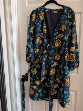 J. Crew Navy Floral Wrap Dress with Yellow Blossoms